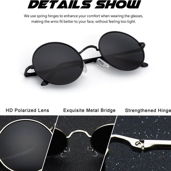 Retro Round Polarized Sunglasses Mens Womens Circle Metal Hippie Shades … - Picture 4 of 7